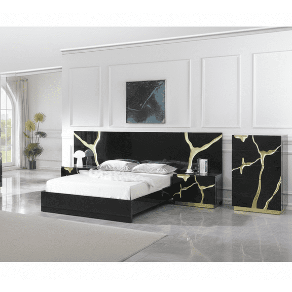 Luxury 4-Piece Modern Bedroom Set, Queen Platform Be, 2x Nightstand and Chest, High Gloss Finish, Black/Gold