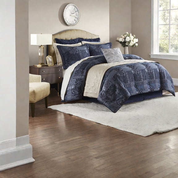 Luxury 4Piece Queen Bedding Set Polyester Chenille Jacquard Navy Comfort for Home