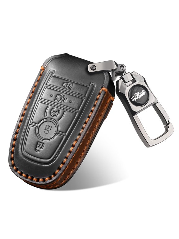 Luxury 5-Button Genuine Leather Key Fob Protector Case for Ford Bronco Explorer F-150 Mustang Ranger Escape Expedition Edge Fusion and Lincoln Models Durable Cover with Keychain