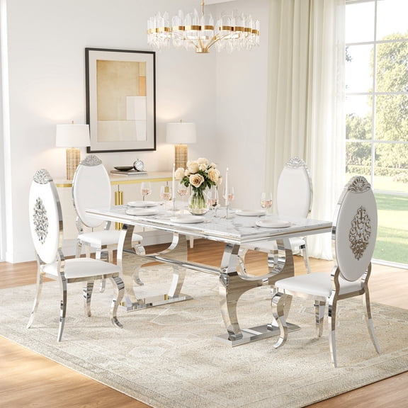 Luxury 5-Piece Dining Table Set, 69" Faux Marble Table with High-Back Carved Armless Artificial Leather Chairs, Modern Kitchen & Dining Room Set