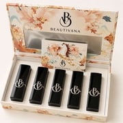 Beautivana Luxury 5-Piece Lipstick Gift Set with Decorative Box - Cream Matte Lipsticks, 5-Piece Cream Matte Lip Color Collection in Gift-Ready Decorative Box