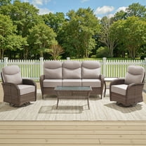 Luxury 5 Piece Patio Furniture Sets Outdoor Wicker Rattan Conversation Sofa Rocking Swivel Chairs Set with 6" Thick Cushions and Coffee Tables for Backyard Balcony Garden, Beige