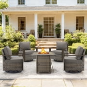 Luxury 5 Pieces Patio Furniture Sets with 50000BTU Propane Fire Pit Table,Outdoor Deep Seating Conversation Set with 4 Swivel Glider Patio Chair for Porch Backy