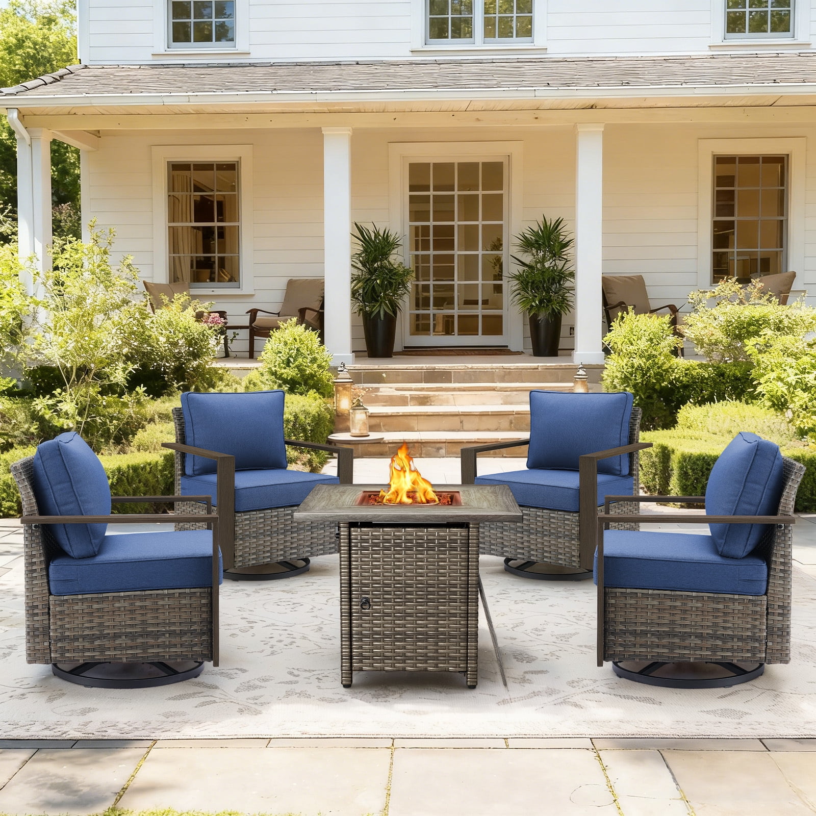 Luxury 5 Pieces Patio Furniture Sets with 50000BTU Propane Fire Pit Table,Outdoor Deep Seating Conversation Set with 4 Swivel Glider Patio Chair for Porch Backyard Balcony