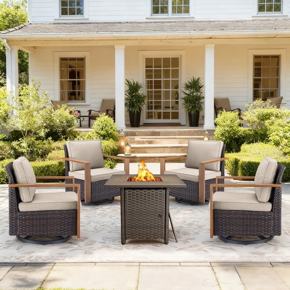 Bellefurn 5 Pieces Patio Furniture Sets with Fire Pit Table,Outdoor Conversation Sets with 4 Swivel Glider Chair for Porch Backyard Balcony