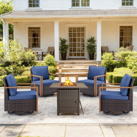 Luxury 5 Pieces Patio Furniture Sets with 50000BTU Propane Fire Pit Table,Outdoor Deep Seating Conversation Set with 4 Swivel Glider Patio Chair for Porch Backyard Balcony
