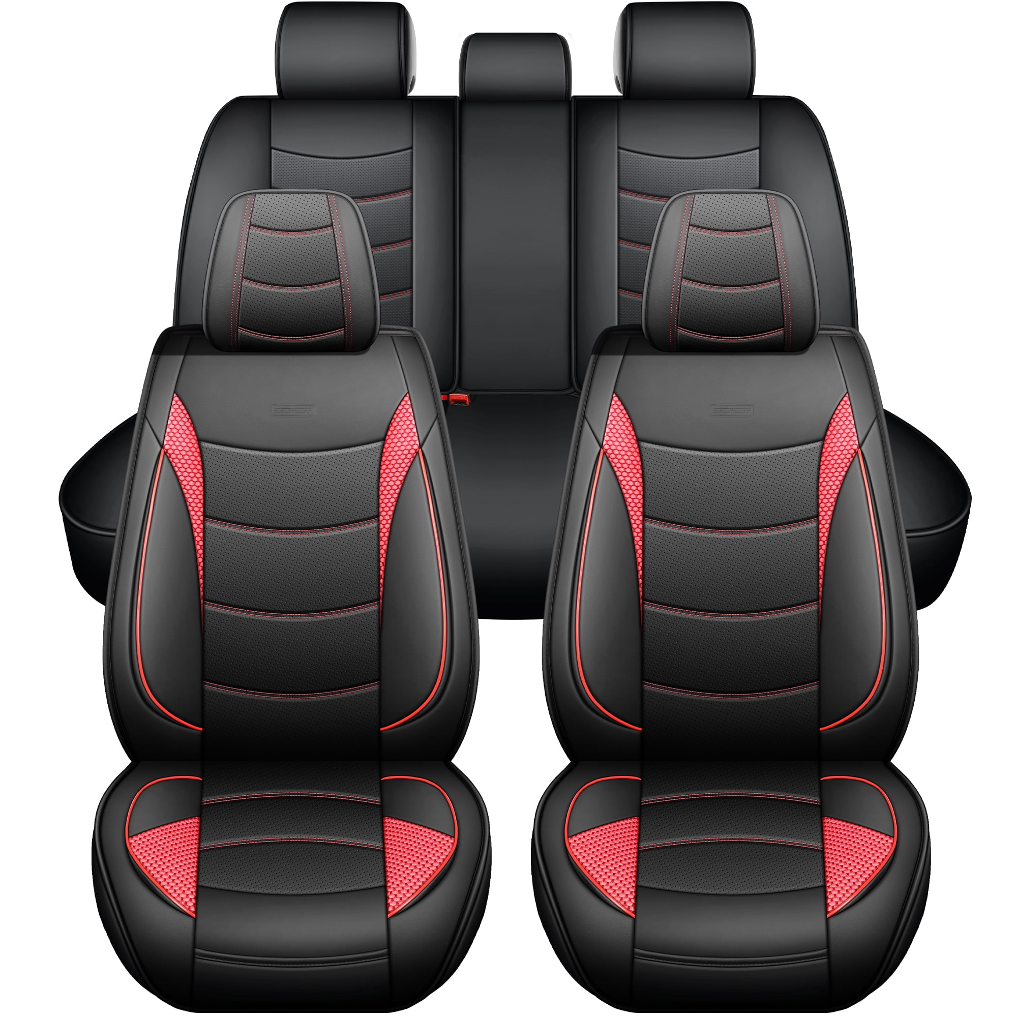 Luxury 5-Seat Car Seat Covers Full Set, Sport Black-Red Performance Style, Premium All-Season Interior Protection for Cars SUVs Trucks