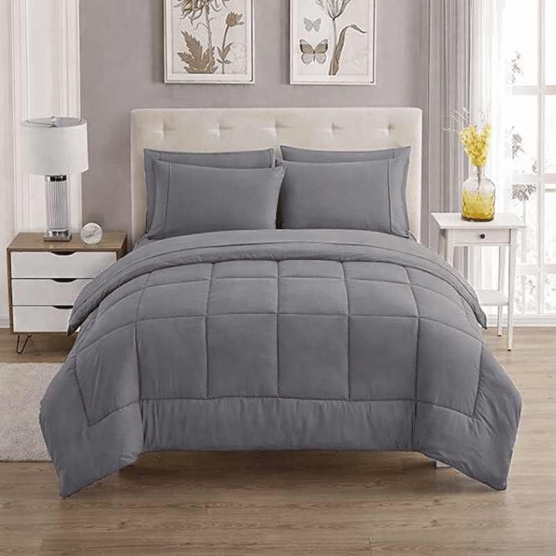 Luxury 500-TC Egyptian Cotton Box-Stitched Design Comforter | 300 GSM | Single Piece, King Size 90" x 104" Inches, 1pc Comforter with 4 Corner Tabs, (Dark Grey)
