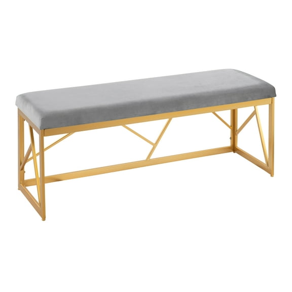 Folia Glam Gold Steel Bench with Grey Velvet Upholstery by LumiSource | Modern Entryway, Bed End, Dining Seating | Plush Padded Cushion, Seats 2 | Indoor Use, 44"W