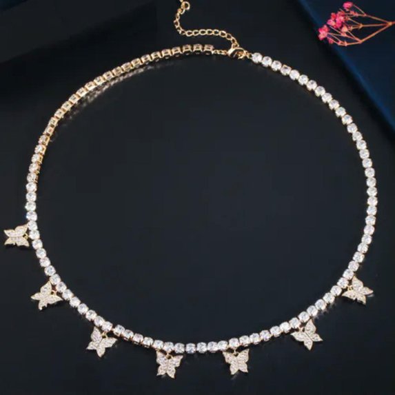 Luxury 585 Gold CZ Round Tennis Butterfly Charm Choker Necklace for Women Brides