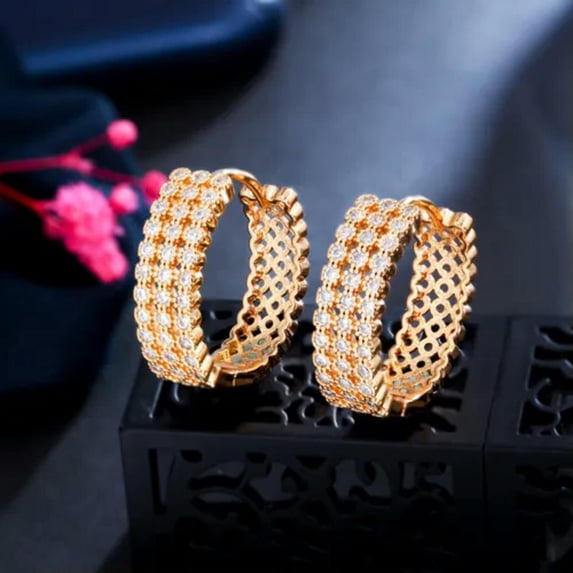 Luxury 585 Gold Cubic Zirconia Round Gemstone Circle CZ Hoop Earrings Jewelry