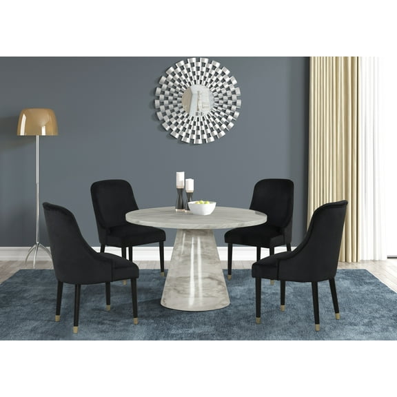 Luxury 5Pc Round Dining Set White Faux Marble Table Gold Black Velvet Chairs