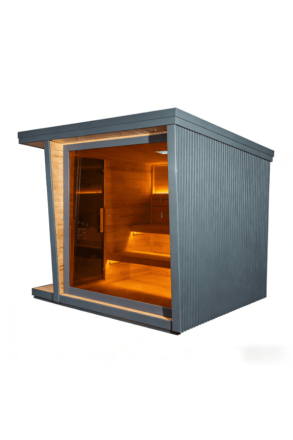 Luxury 6-Person Traditional Steam Sauna, Outdoor Square Roof With Aluminum Siding, Tempered Tinted Glass Door, Carbonized Spruce Wood Construction