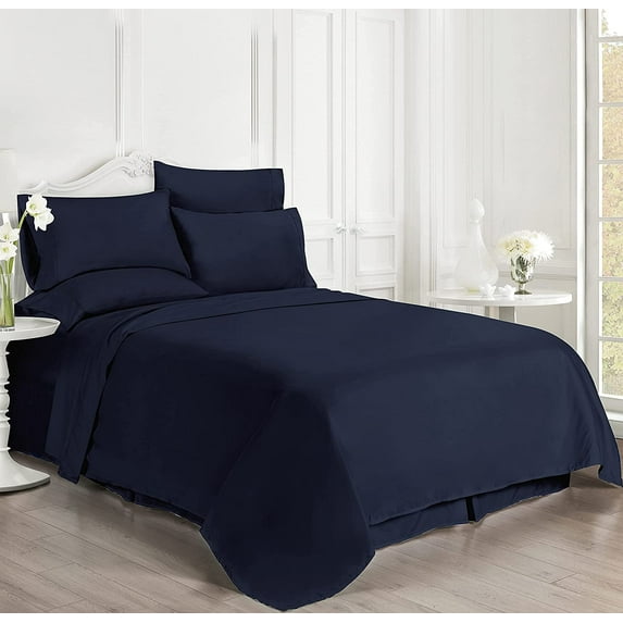Luxury 6 Piece Bed Sheet Set - 100% Egyptian Cotton - 400 Thread Count - Extra Soft and Luxury 14" Deep Pocket, Cool and Breathable, Olympic Queen Size - Navy Blue Solid.