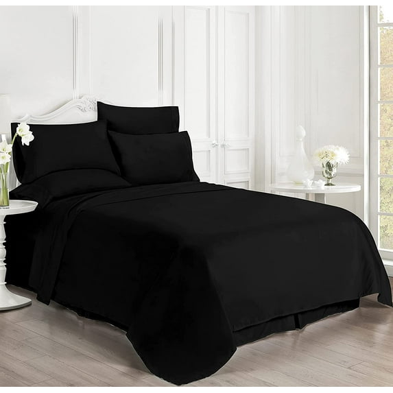 Luxury 6 Piece Bed Sheet Set - 100% Egyptian Cotton - 400 Thread Count - Extra Soft and Luxury 14" Deep Pocket, Cool and Breathable, Olympic Queen Size - Black Solid.