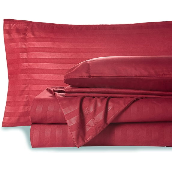 Luxury 6 Piece Bed Sheet Set, 300 Thread Count, 12" Deep Pocket, 100% Egyptian Cotton, Cool and Extra Soft - Burgundy Stripe, Twin XXL Size.
