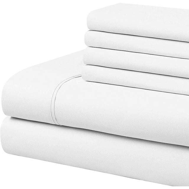 Luxury 6 Piece Bed Sheet Set, 300 Thread Count, 15" Deep Pocket, 100% Egyptian Cotton, Cool and Extra Soft - White Solid, Twin XXL Size.