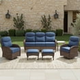 thumbnail image 1 of Luxury 6 Piece Patio Furniture Sets Outdoor Wicker Rattan Conversation Sofa Rocking Swivel Chairs Set with 6" Thick Cushions, Ottomans and Coffee Table for Backyard Balcony Garden, Blue, 1 of 15