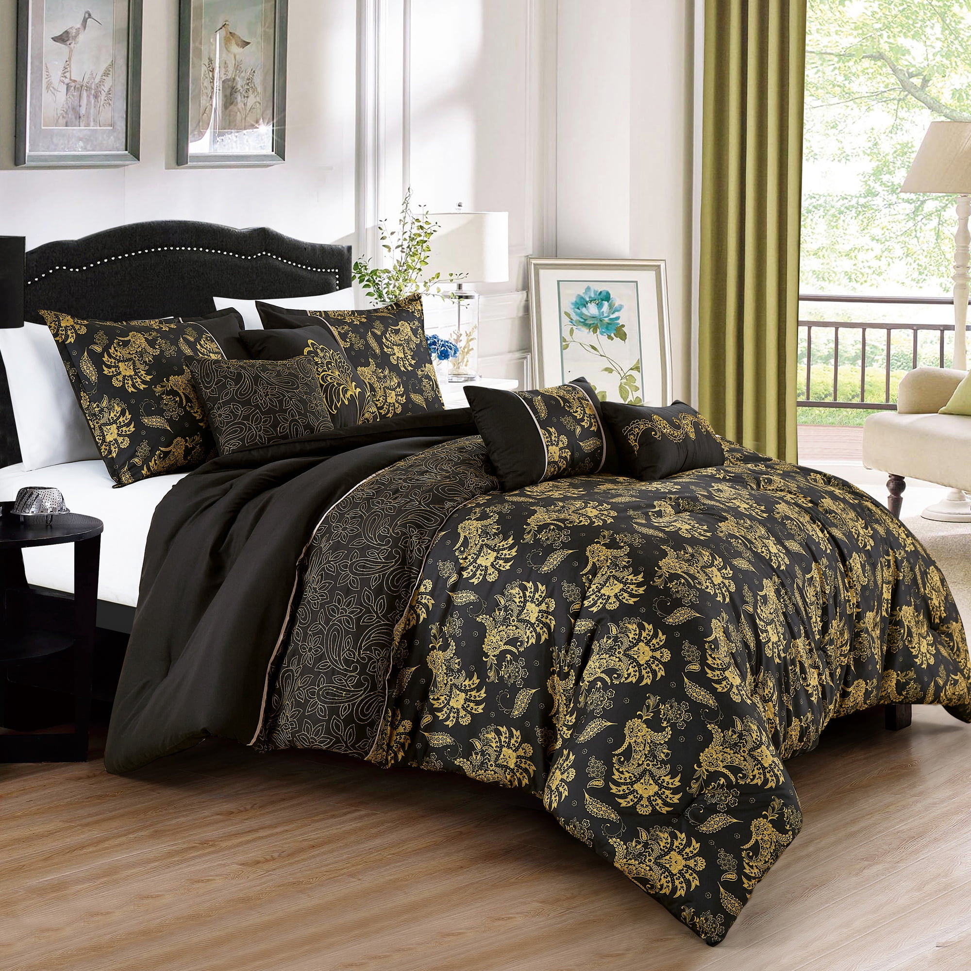 Luxury 7-Piece Black and Gold Floral Comforter Set, Elegant Embroidered Bedding with Decorative Pillows, King