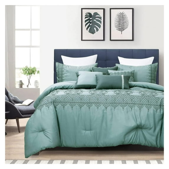 Luxury 7 Piece Full/Queen Comforter Set with Shams Cushions, Modern Damask Bright Teal Black Artistic Embro Royale-Grand Designs, Bed Cover Bed in Bag, (22256V, Linda, F/Q)