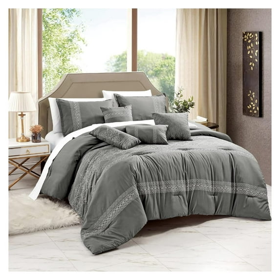 Luxury 7 Piece Full/Queen Comforter Set with Shams Cushions, Pinch-Tucked Modern Bright Gray in White Artistic Embro Designs, Bed Cover Bed in a Bag, (22189V, Marcail, F/Q)