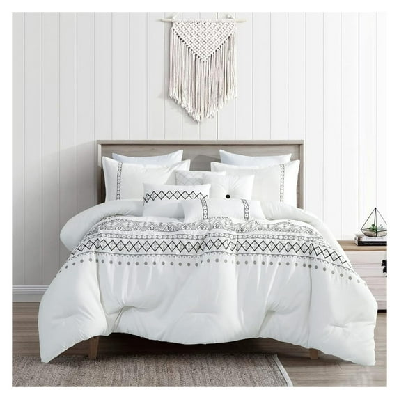 Luxury 7 Piece King/Cal-King Comforter Set with Shams Cushions, Modern Bright White Uniquely Tribal Lt Gray Black Artistic Print Designs,Bed Cover Bed in Bag,(22207V,Laadan,K/)