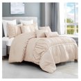 thumbnail image 1 of Luxury 7 Piece King/Cal-King Comforter Set with Shams Cushions,Modern Damask Bright Champagne Pale Beige White Semi-Pleated Embro Pompoms Design,Bed Cover Bed in Bag(22196V,Charnee,K/), 1 of 4