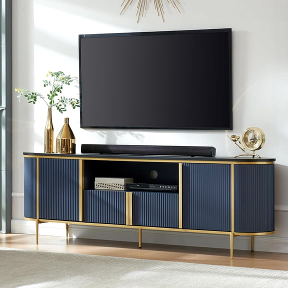 Luxury 70" Fluted TV Stand, Modern Chic Entertainment Center for TVs Up to 80 inches, TV Console with Faux Marble Top, Curved Profile Design, Media Console for Living Room, Navy Blue