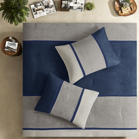 Luxury 7Piece Bedding Sets Faux Suede Polyester Modern Colorblock Design for Queen Bed