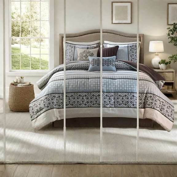 Luxury 7Piece Bedding Sets Polyester Jacquard Elegant Blue Design for King Size