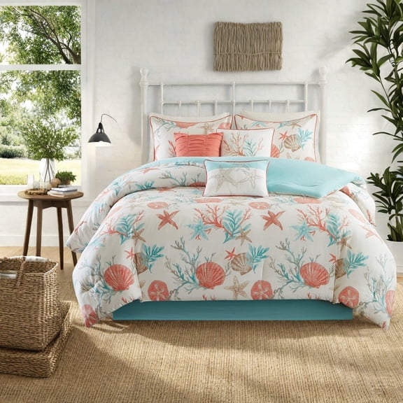 Luxury 7Piece Cotton Sateen Bedding Set Coastal Coral Design Cal King Size