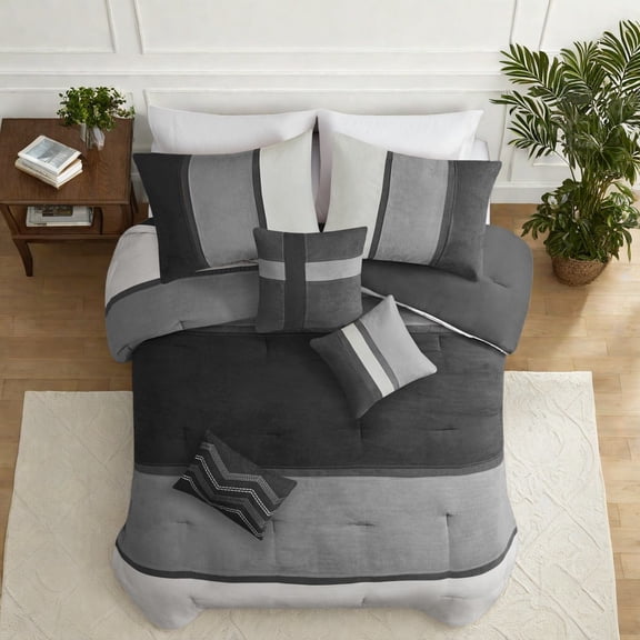 Luxury 7Piece Faux Suede Bedding Set Black Polyester Comforter with Decorative Pillows for Modern Home