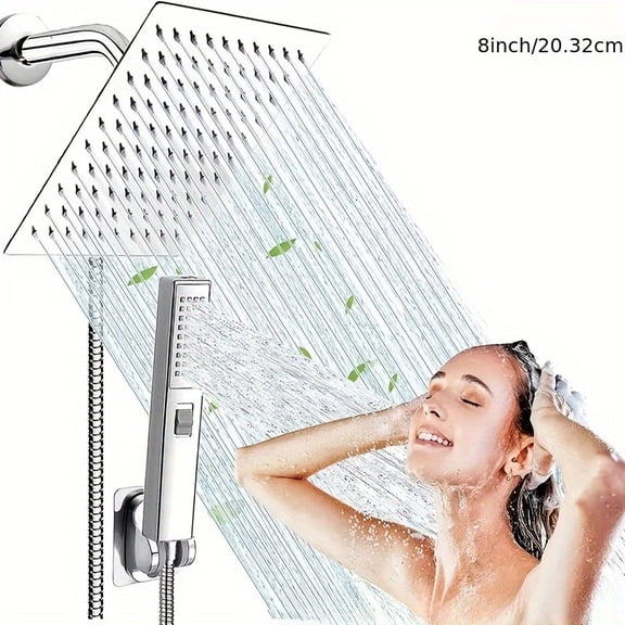 Luxury 8" High-Pressure Rainfall Shower Combo, Stainless Steel Overhead Handheld Shower Head, Adjustable Holder 59" Flexible Hose, Threaded Connection, Modern Bathroom Shower Accessories