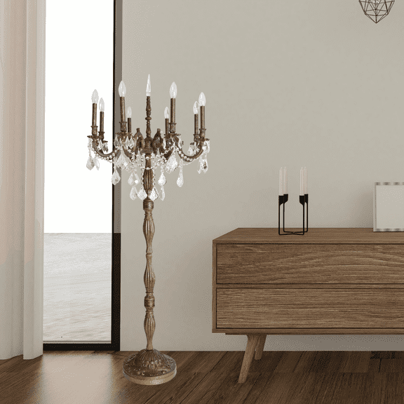 Luxury 8-Light Crystal Floor Lamp, Antique Bronze Finish, Elegant Candelabra Standing Lamp with Clear Crystal Prisms for Living Room, Bedroom & Entryway, 62" H x 24" W