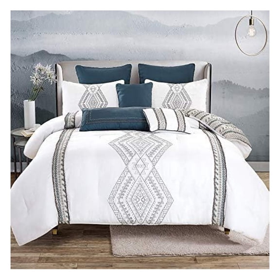 Luxury 8 Piece California King Comforter Set with Shams and Cushions, Modern Classy White Gray Navy Pattern Comfy Bedroom Cover Collection Sheet, Bed in a Bag, King Size