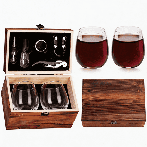Luxury 8-Piece Stemless Wine Glass Gift Set with Rustic Wooden Box - Professional Wine Opener Kit Includes 2 Glasses, Corkscrew, Aerator, Stopper, Foil Cutter & Drip Ring, Wine Gift for Men & Women