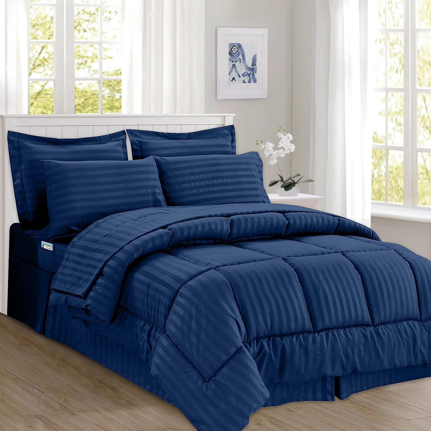 Mocassi Comforter Set, 8Piece Striped Down Alternative, Soft & Plush
