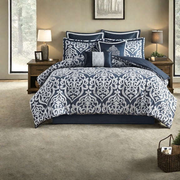 Luxury 8Piece Jacquard Bedding Set Navy/Silver Elegant Damask Design for AllSeason Comfort