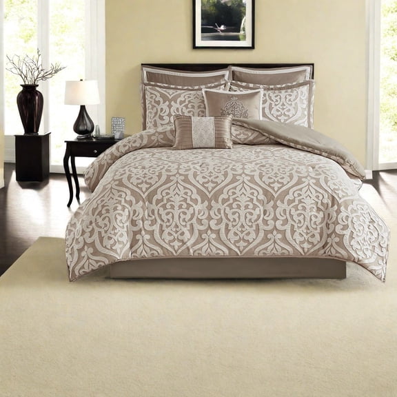Luxury 8Piece Jacquard Bedding Set Tan/Ivory Polyester Elegant Damask Design for YearRound Comfort