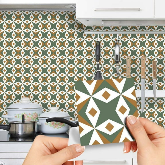 Luxury 9 Sheet Green Orange Mix Matt Peel and Stick Backsplash,Faux Ceramic Adhesive Graphic Tile for Kitchen,Geometric Square Midcentury Stick on Accent Wall for Bathroom,Bedroom,RV
