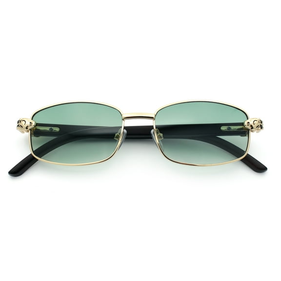 Luxury 90s Gangster Narrow Rectangle Jaguar Head Hinge Sunglasses Gold - Green
