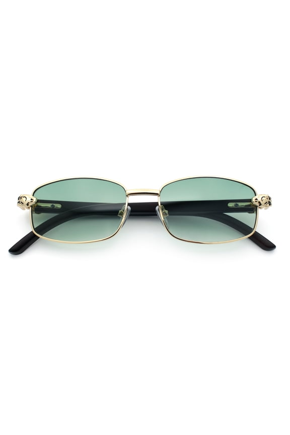 Luxury 90s Gangster Narrow Rectangle Jaguar Head Hinge Sunglasses Gold - Green