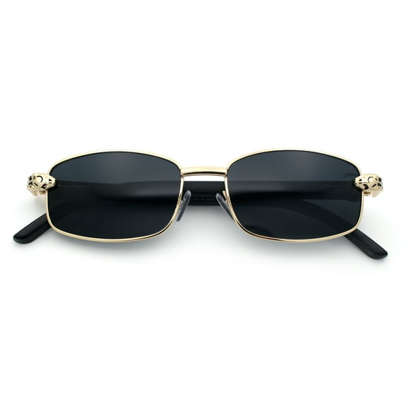 Luxury 90s Gangster Narrow Rectangle Jaguar Head Hinge Sunglasses Gold - Solid Black
