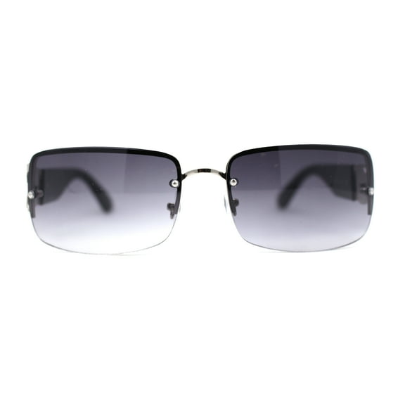 Luxury 90s' Rimless Thin Metal Rectangular Fashion Sunglasses Silver Black Smoke