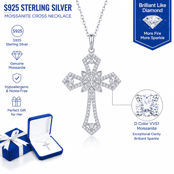 Luxury 925 Sterling Silver Moissanite Necklace for Women, Cross Pendant Necklace, Faith Jewelry Christian Gift