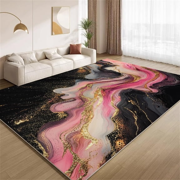 Luxury Abstract Area Rugs, Pink Gold Black Fluid Swirl Carpet, Washable Non Slip Low Pile Soft Rug for Living Room Bedroom Office Decor Mat 2ftx3ft