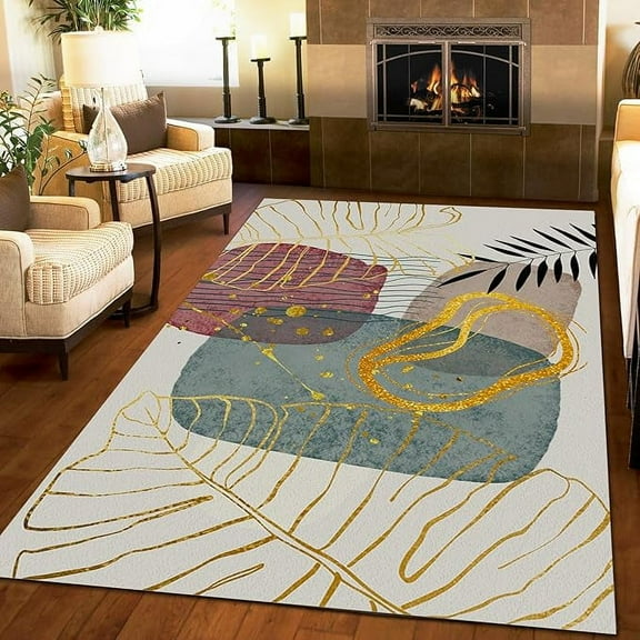 Luxury Abstract Golden Banana Leaves Art Living Room Rugs, Red Blue Brown Geometry Area Rugs, Anti-Slip Easy Clean Washable Foldable Mat For Family Bedroom Entryway Hallway 4 x 5ft