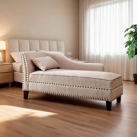 Luxury Accent Chaise, Linen Beige Linen Blend Wood Frame with Nailhead Trim for Living Spaces