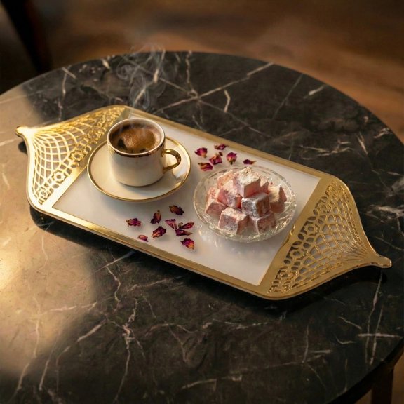 Luxury Acrylic Islamic Serving Tray with Mosque Dome Handles, Mirror Plexiglass Decorative Platter, Frosted Gold–7x16 in