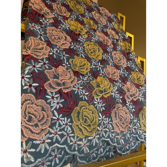 Luxury African Embroidered Lace Fabric with Crystal Bead multicolor